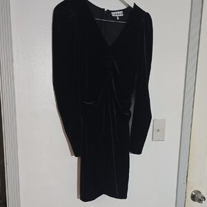 Ganni Black Velvet Ruched V-Neck Long Sleeve Dress